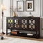 Buffet élégant avec portes en miroir et pieds en bois d'acacia durable-103534620