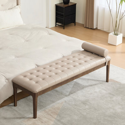 Banc capitonné à boutons avec appui-tête et pieds en noyer foncé