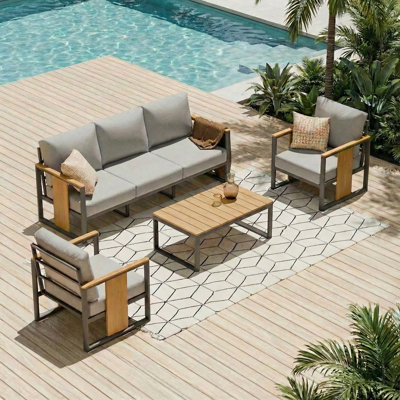 4-piece Modern Aluminum & Teak Outdoor Patio Conversation Set With Gray Cushions, Weather-resistant Seating Group For Backyard, Poolside, Deck