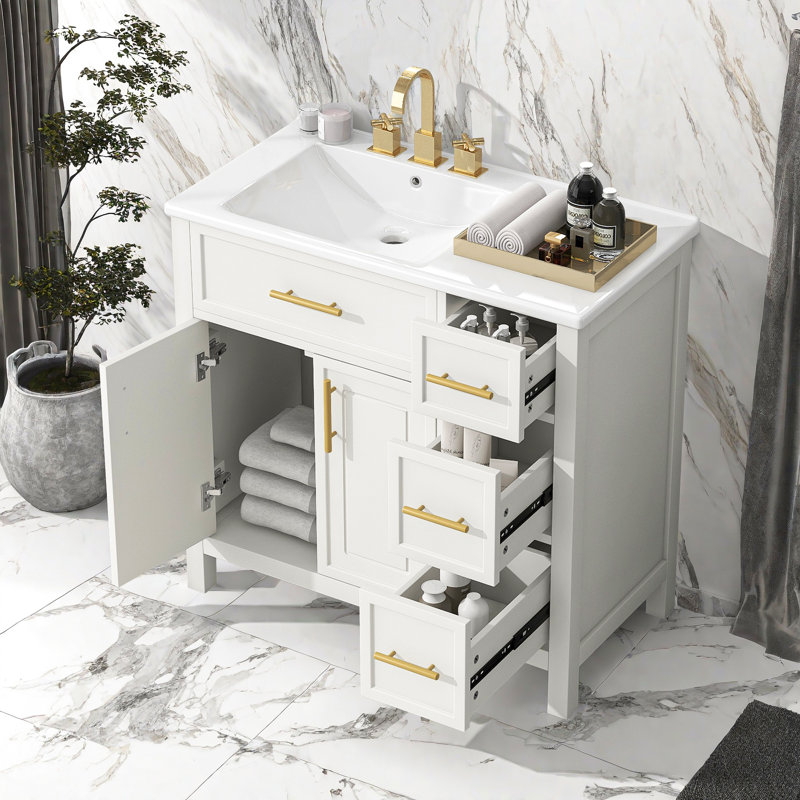 36 Inch Single Bathroom Vanity With Ceramic Sink Top, Bathroom Vanity Cabinet With 3 Drawers And 2 Doors, White