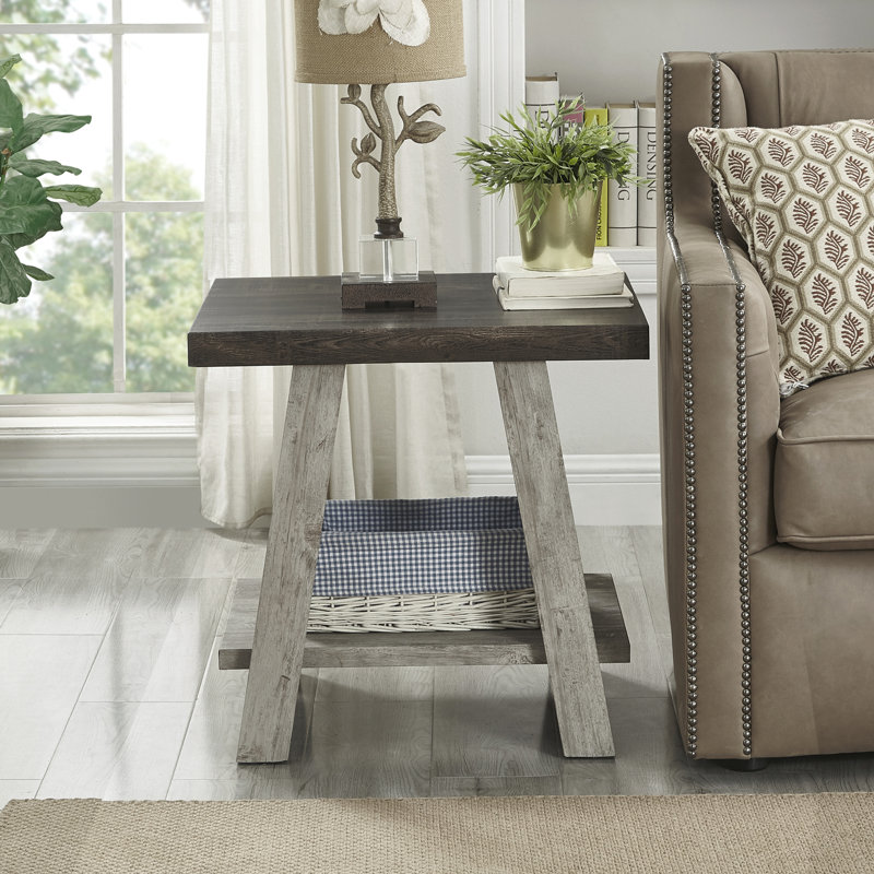 Table de bout contemporaine en bois à deux tons en noyer patiné et gris, H 23 po x l 22 po x P 24 po, Noyer / gris