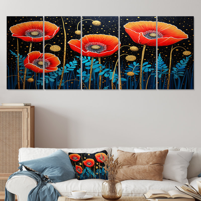 Torquay - Art mural coquelicot 5 pièces, H 32 po x l 80 po