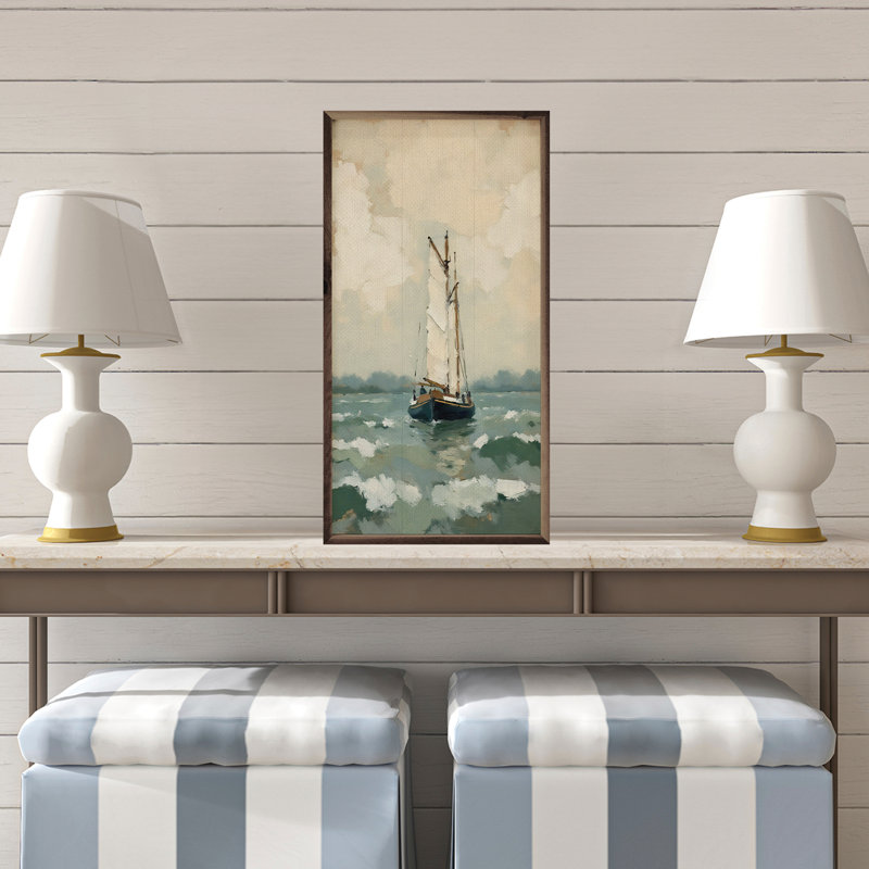 Navy Sailboat On Sea, 36" H x 18" W