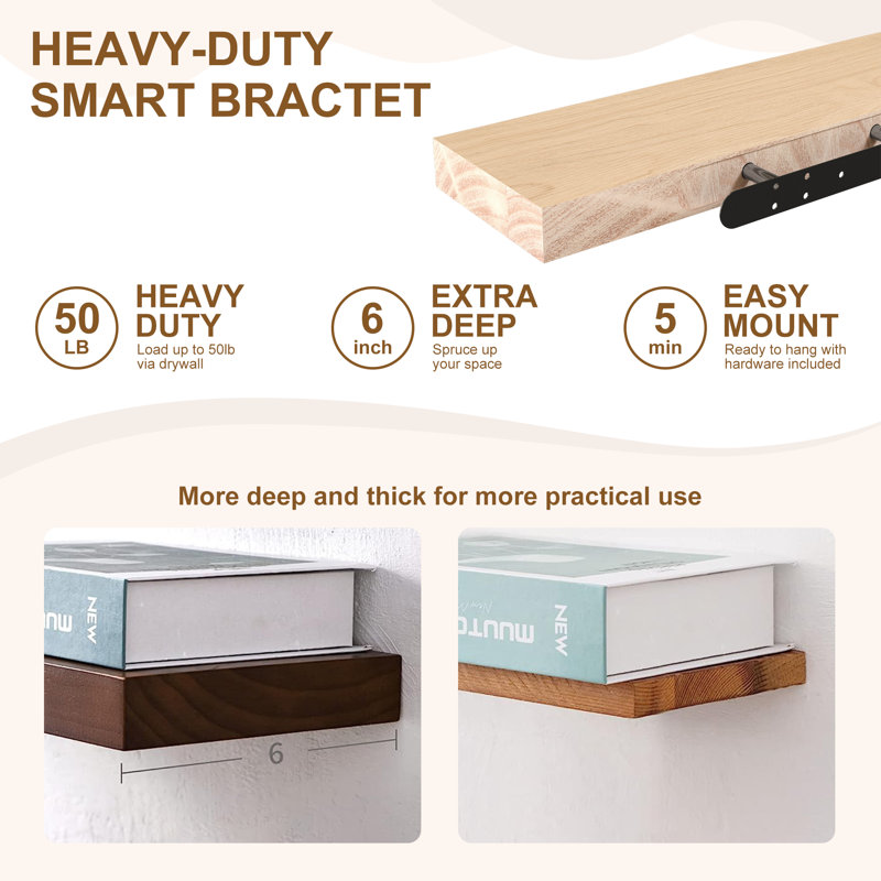 Chalissa 2 Piece Solid Wood Floating Shelf, Natural Wood, 1.57" H x 24" W x 6" D
