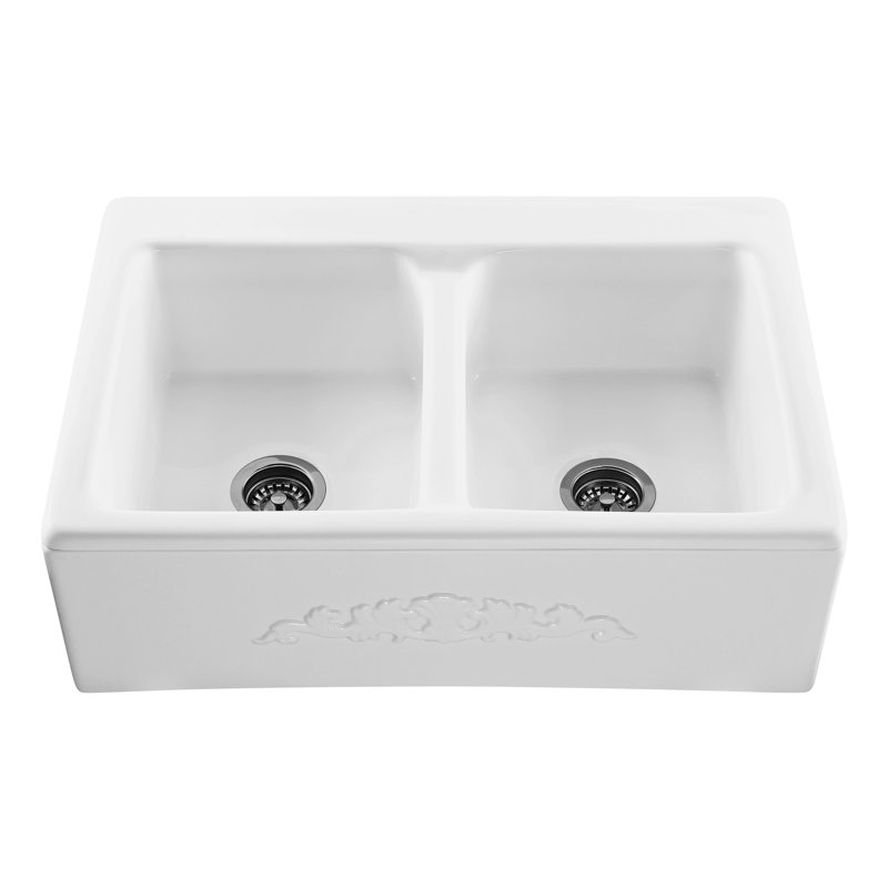 33.25'' L Double Bowl Acrylic Kitchen Sink, White, 1 Hole