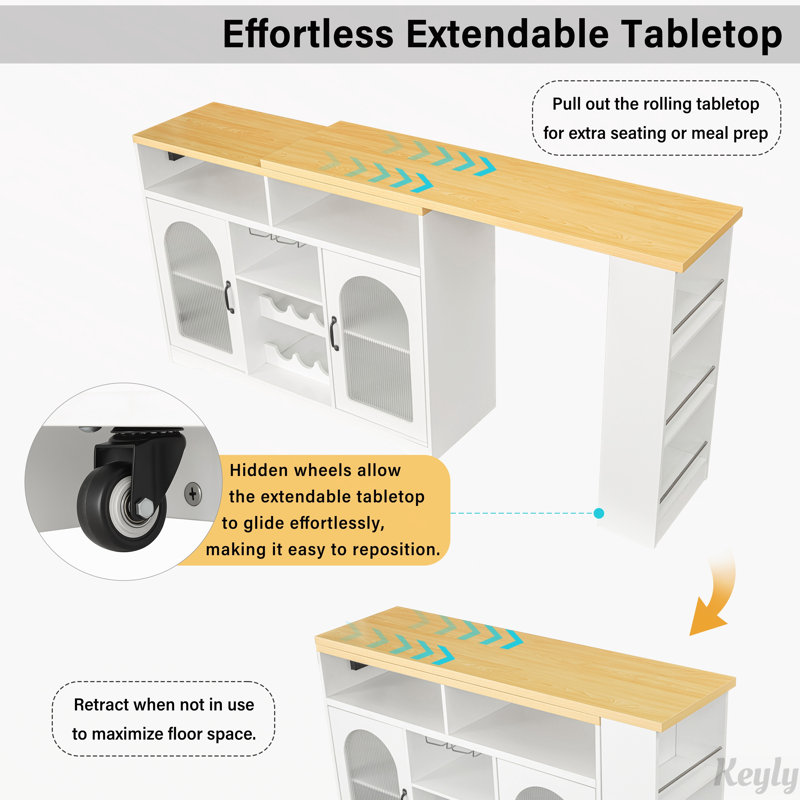 Chariot-bar mobile avec plateau de table extensible et éclairage DEL, Naturel + blanc