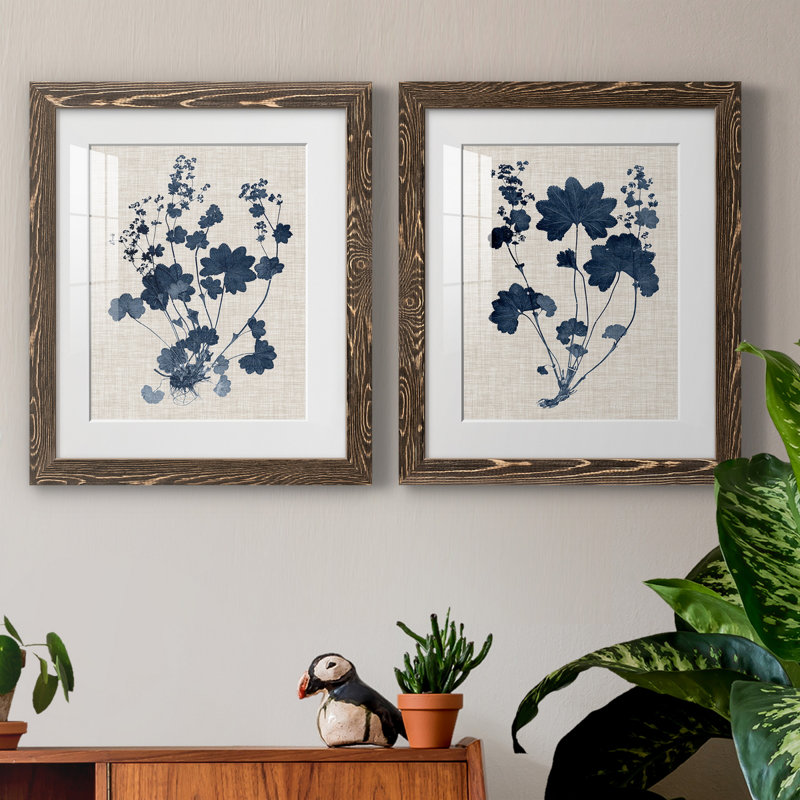 Bleu marine et feuilles de lin II - ensemble de 2 reproductions d'art sur papier encadré, H 24 po x l 36 po, Noyer