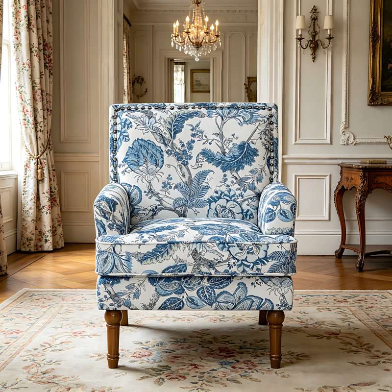 Chaise d'appoint rembourrée Modern Floral Styke, fauteuil confortable, fauteuil Mid-Century, avec pieds en bois massif, bleu