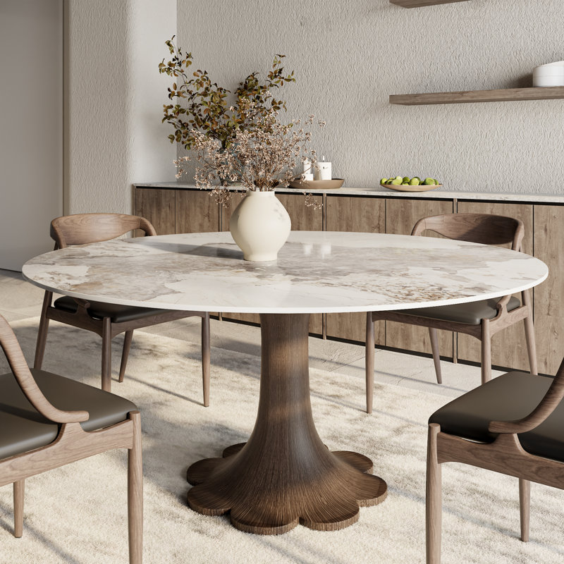 Round Stone Top Solid Wood Base Dining Table Circle Kitchen Dinner Table For 4-10, Sand, 29.52"H x 53.15"L x 53.15"W