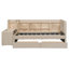 Lit de jour simple tapissier avec tiroirs, tablettes, armoires rabattables et table d'appoint