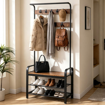 Portemanteau avec banc et rangement pour chaussures, portemanteau industriel avec 8 crochets et étagère à chaussures à 2 niveaux, portemanteau rustique pour couloir, appartement, chambre à coucher