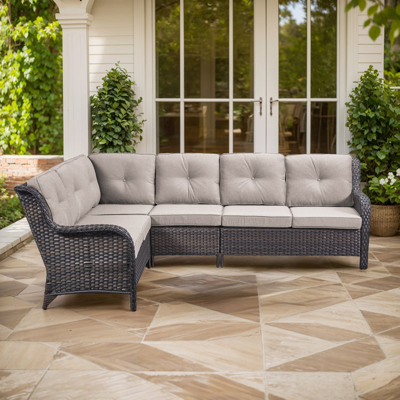 Canapé modulaire d'extérieur en osier Carolina avec coussins Carolina, Gris clair, Brun