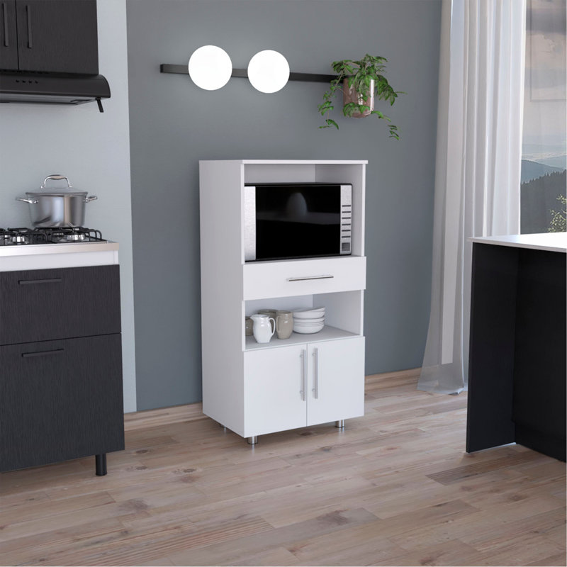Kitchen Pantry H 48 po, deux tablettes de rangement ouvertes, une pour micro-ondes, deux portes, quatre pieds, blanc