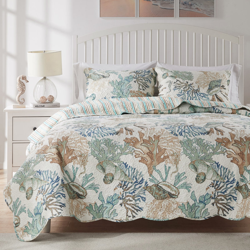 Ensemble de courtepointe réversible Atlantis Coastal, Courtepointe double / grand et 2 taies décoratives, Jade