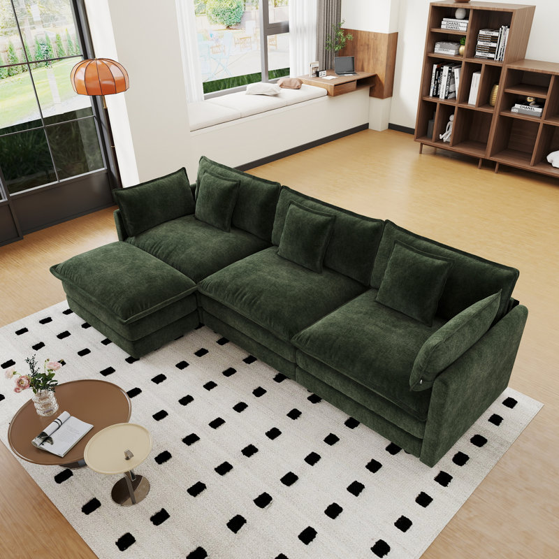 Ensemble de salon, canapé en L, canapé en chenille, 3 places, pour le salon, Chenille verte