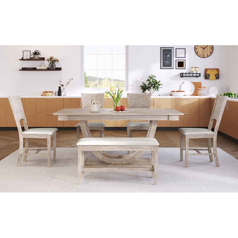 Ensemble de 6 tables de salle à manger en bois 6 pièces avec banc long et 4 chaises, style moderne, Seadrift, Marron clair