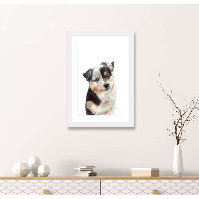 Chiot berger australien - reproduction d'art, H 32 po x l 24 po x P 1 po, Papier encadré blanc, Blanc