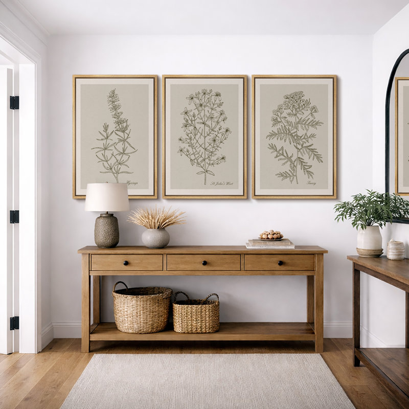Minimal Botanical "Duotone Beige Green Classic Artwork, Simple Neutral Botanical Wall Pictures, Large Framed Canvas Giclee Print 3 Pieces Wall Art Set"  16"x24"x3 pcs, 24"x36"x3 pcs