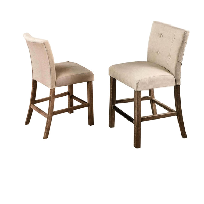 Deux chaises de comptoir rectangulaires avec dossier, pieds en bois gris et siège en mélange de beige
