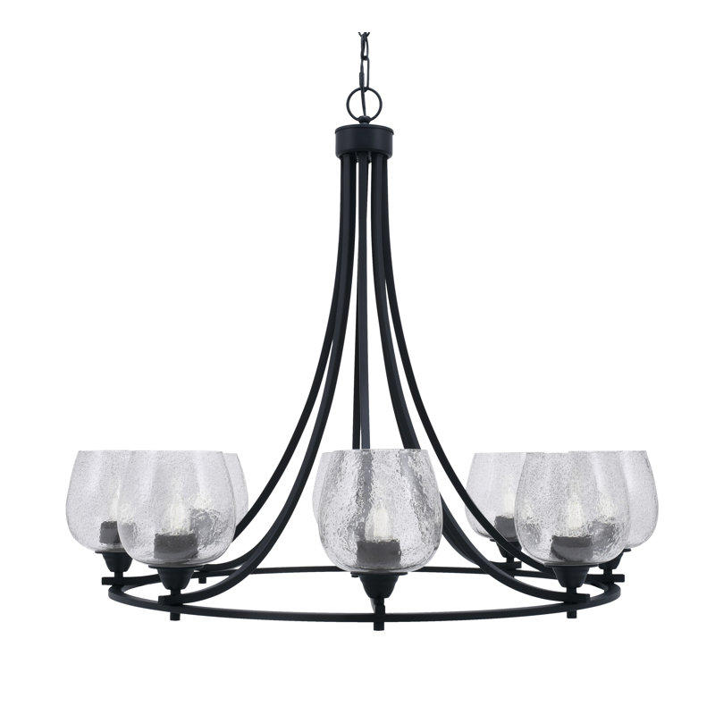 Paramount 8 Light Uplight Chandelier With 6" Bubble Glass, Clear Seeded, Matte Black