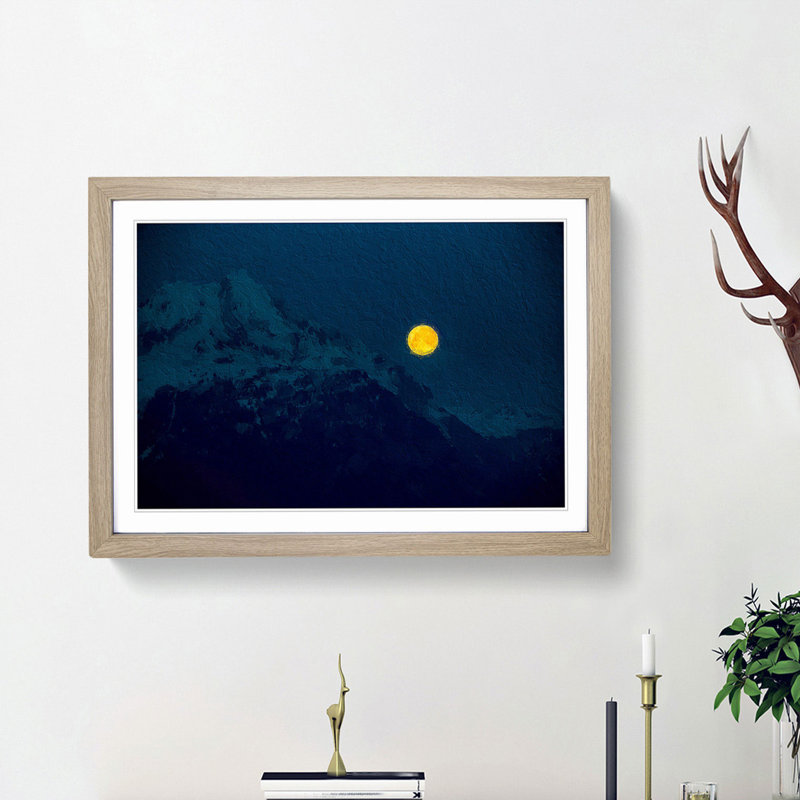 Yellow Moon over the Mountain - Picture Frame Painting Print, 36cm H x 48cm W x 2cm D, Oak Framed