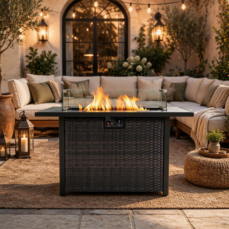 Table de foyer rectangulaire au propane de 112 cm (44 pouces), chauffage de terrasse extérieur 2 en 1 de 50 000 BTU avec pare-vent en verre trempé pour les fêtes dans le jardin et la cour arrière