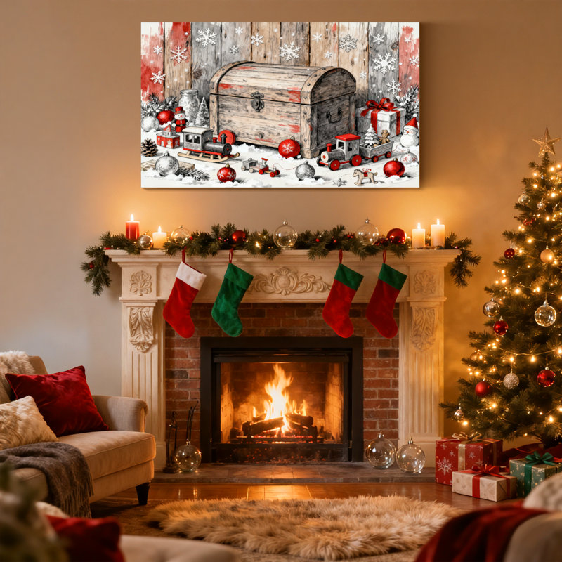 Coffre de Noël en bois avec jouets et décorations, ensemble de 3 impressions sur toile, H 20 po x l 30 po