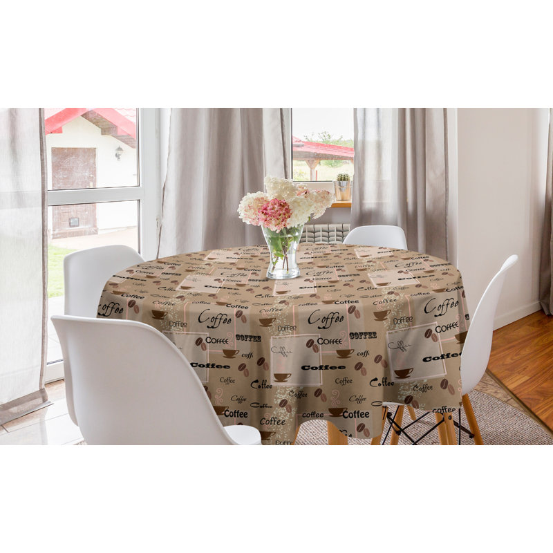 Coffee Round Tablecloth, Coffee Words Different Typographies Beans Cups On Abstract Vintage Backdrop, Circle Table Cloth Cover For Dining Room Kitchen Decoration, 60", Pale Brown Black