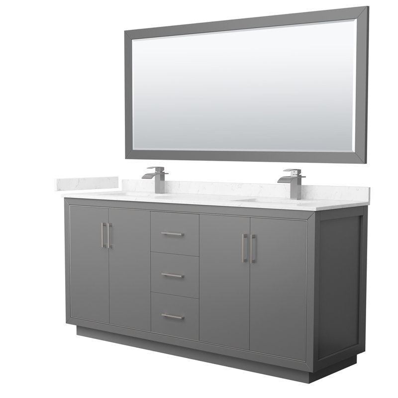 Ensemble de meuble-lavabo double 72 "avec miroir Icon, Carrara, Nickel brossé, Gris foncé