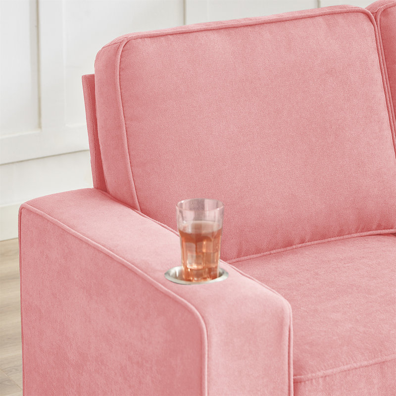 84.25"W 3-Seat Sofa with Cupholder, Pink Velvet