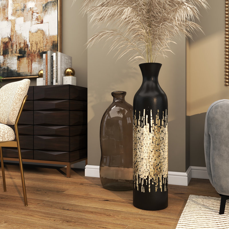 Lansdown Black Capiz Shell Handmade Decorative Vase with Gold Ombre Design, 9" x 9" x 34", Black/Gold, 34" H x 9" W x 9" D