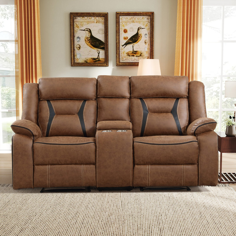 Chelliah Fordwich 75.2" Wide Modern Soft Upholstered Multiple Cushion Manual Reclining Loveseat With Console, Brown