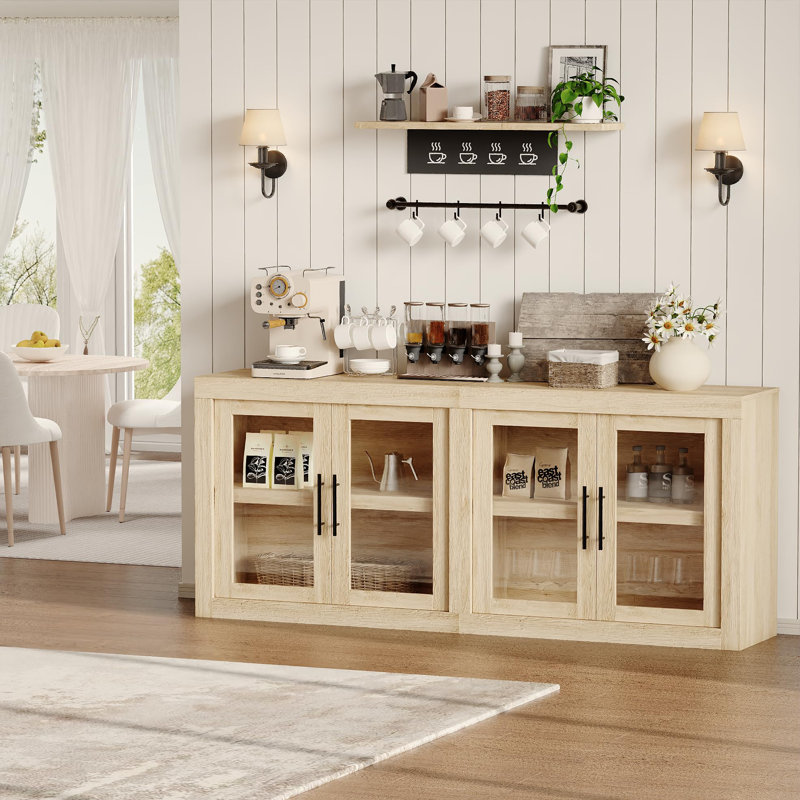 Buffet buffet, armoire décorative moderne Mid-Century avec portes, crédence en bois et café, 70,8 pouces / 4 portes en verre