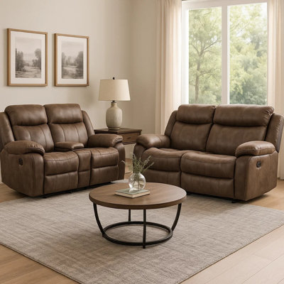 Ensemble de fauteuil inclinable manuel Arisa, similicuir brun, table d'appoint