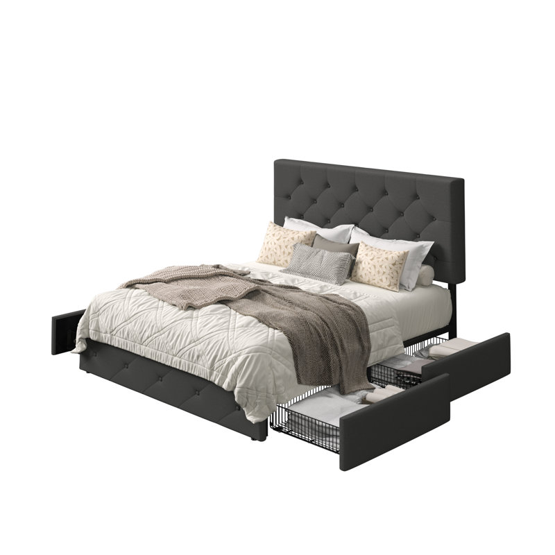 Lit plateforme avec rangement à 4 tiroirs et tête de lit réglable en lin à motif de losanges, Grand, Gris foncé