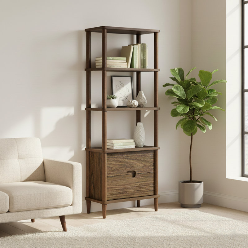 Erykah Mid-Century Modern 4-Tier Etagere Open Selves with Storage Drawers for Bathroom or Living Room