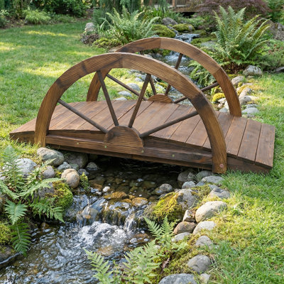 3.3Ft Wooden Garden Bridge With Half-Wheel Railings - Weather-Resistant Fir Wood For Outdoor Decor
