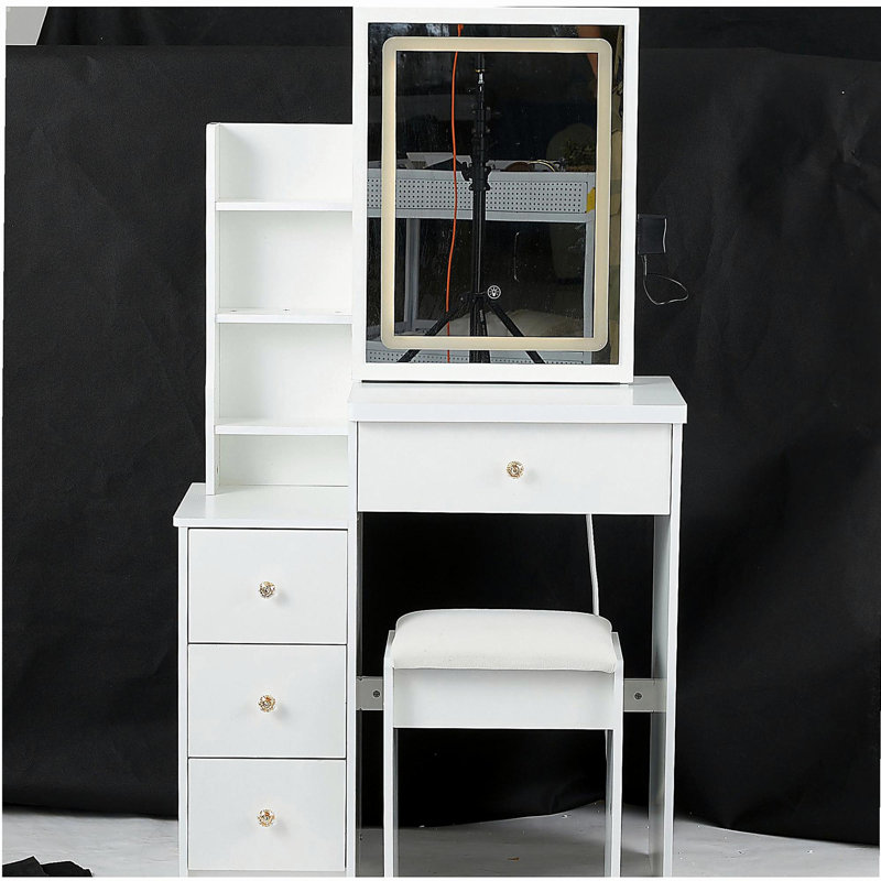 Petite coiffeuse 29,2 po avec tabouret de chevet gauche + grand tabouret rembourré, commande tactile, interrupteur tricolore, miroir à luminosité réglable, rangement grande capacité, convient aux petits espaces