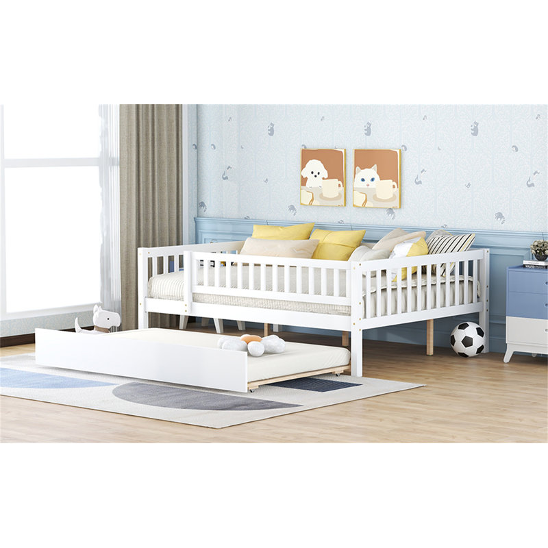 Lit de jour en bois avec couchette et barrière de sécurité, Blanc, Lit double