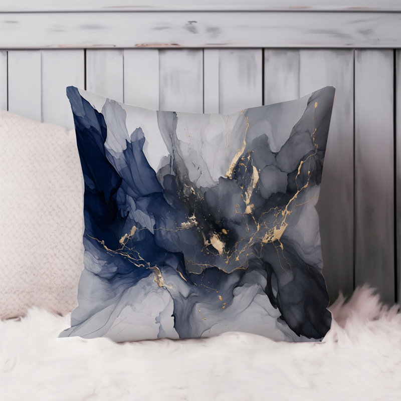 Housse de coussin abstraite Abstract Fluid Symphony - bleu marine et doré, 20x20