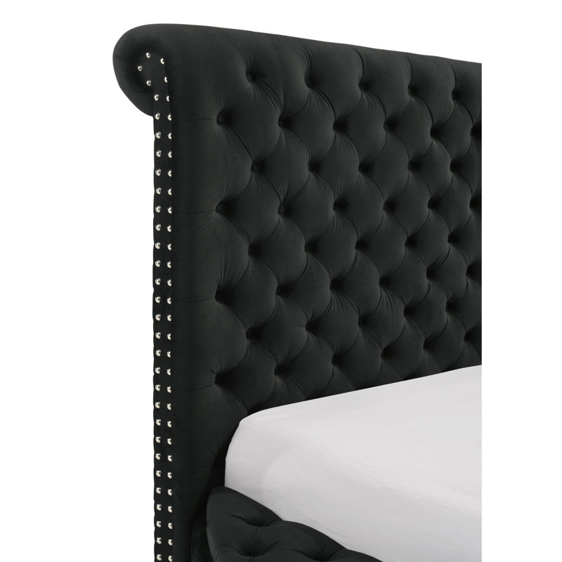 Très grand lit rond en velours noir avec capitonnage à boutons, Black, Très grand lit