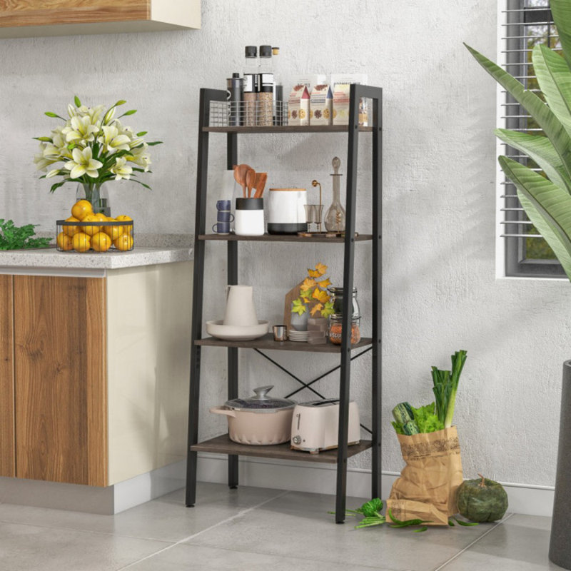  54.5'' H X 22'' W 4-Tier Ladder Bookshelf Industrial Wooden Bookcase with Metal Frame, Gray Oak