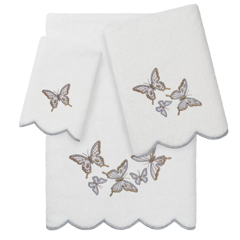 Linum Home Textiles 100% Turkish Cotton BRITNEY Scallop 3PC Embellished Towel Set, White/Gray, 3 Piece Towel Set