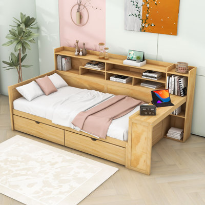 Lit de jour en bois avec tiroirs, bureau et tablettes Dalainey