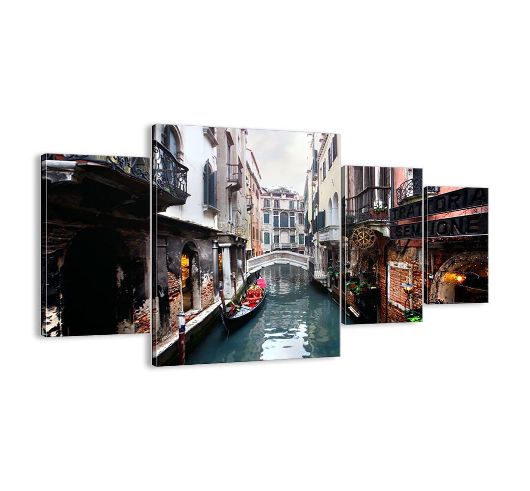 4-tlg. Leinwandbilder-Set - Fotografie „Venetian Landscape with a Gondola and a Bridge”