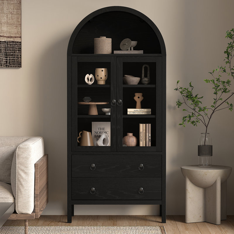 Adona 70.87''H Arched Adona Storage Bookcase Cabinet with Adjustable Shelves and 2 Drawers, Black
