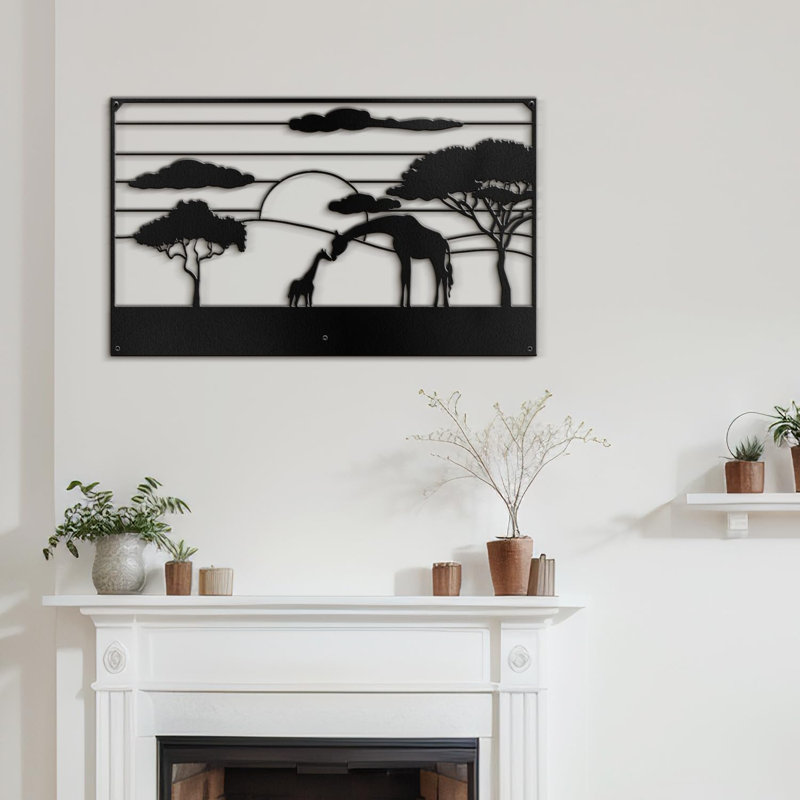 Girafes au coucher du soleil, H 10,98 po x l 18 po x P 0,05 po, Noir
