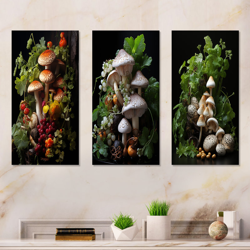 Panier de champignon, peinture I - champignon, art mural en métal, ensemble de salon 3, H 28 po x l 36 po