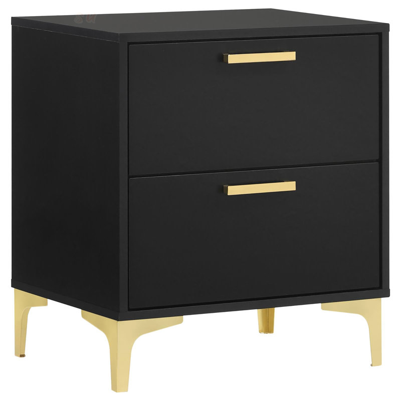 Modern Black 2-Drawer Nightstand With Gold Accents, For Stylish And Organized Bedrooms, Black