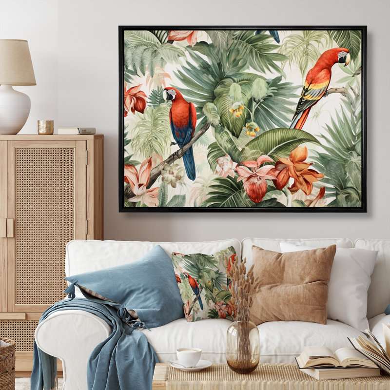 Perroquet au paradis I - art mural perroquet, H 30 po x l 40 po x P 1,5 po, Cadre flottant noir